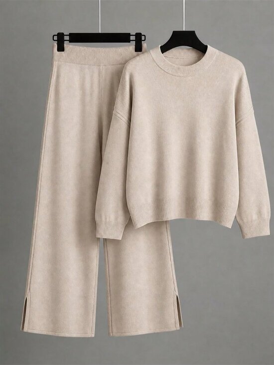 Sweaters - Apricot Casual Women's Crew Neck Long Sleeve sweater Top And Pants set